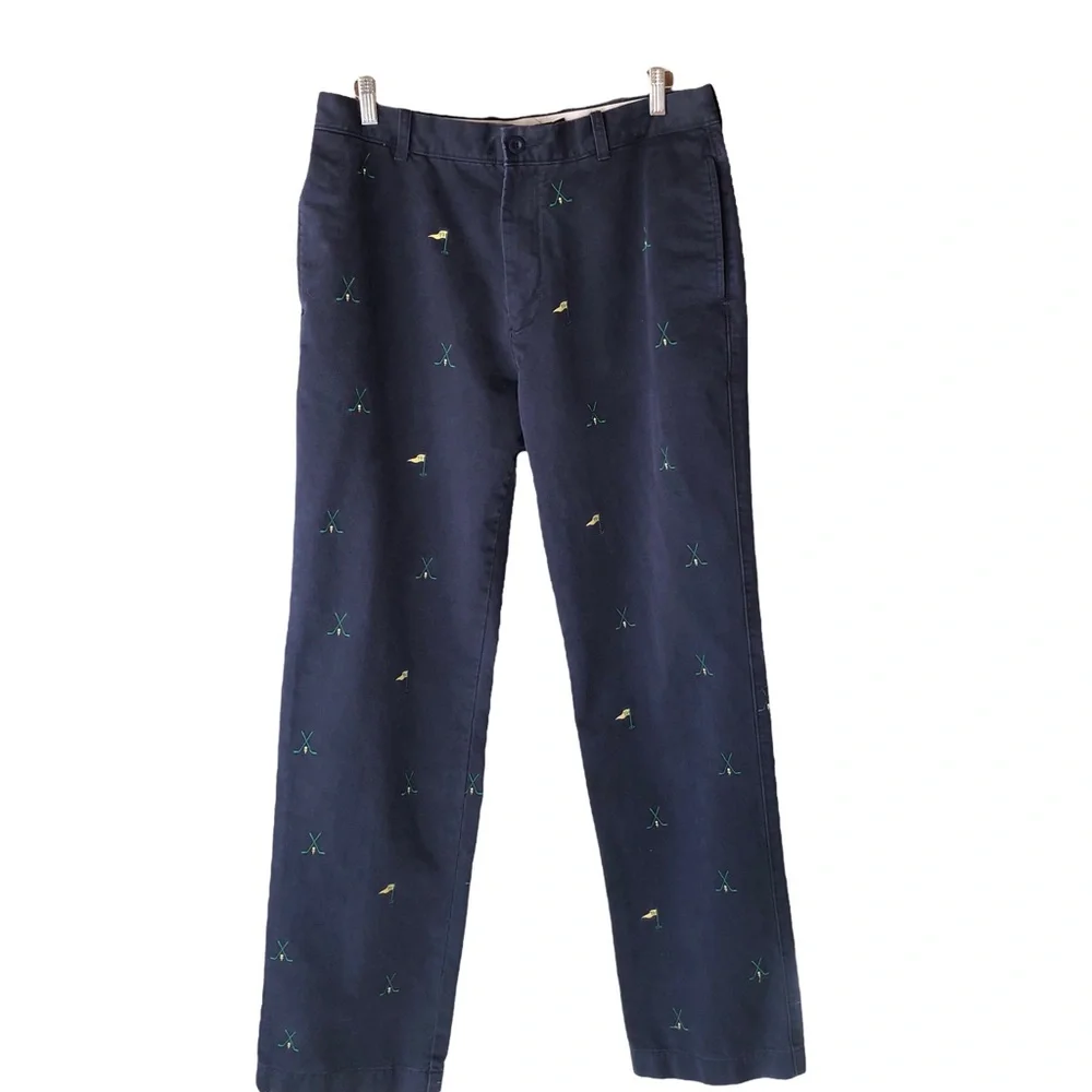 Vintage J. Crew Flat Front Broken In Chino. Navy w/ Golf Theme. Size 34W x 34L